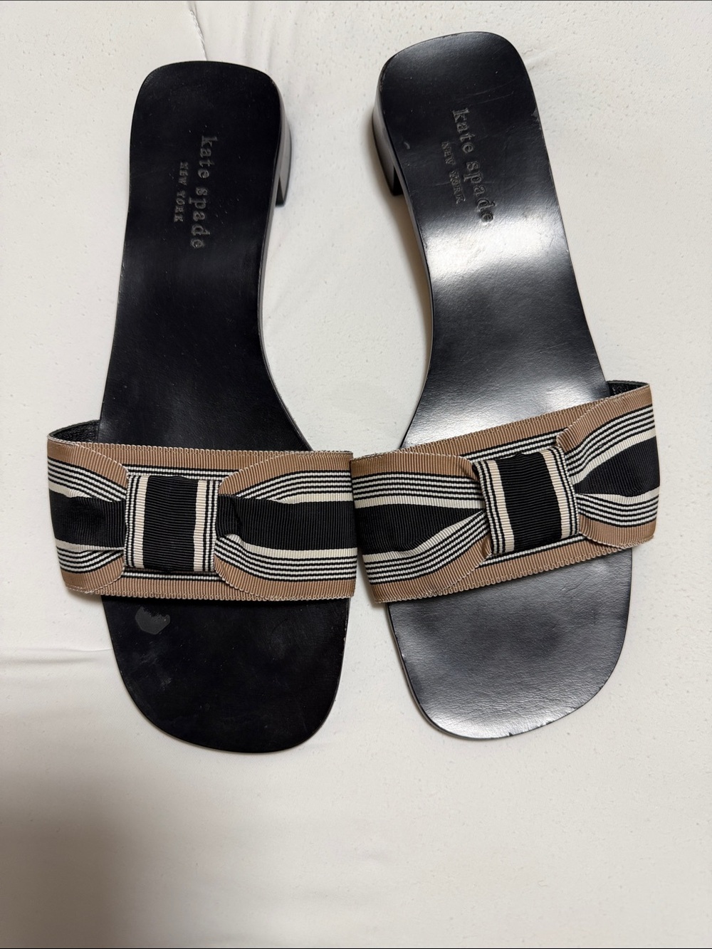 kate spade Black and Tan Striped Bow Slide Sandals